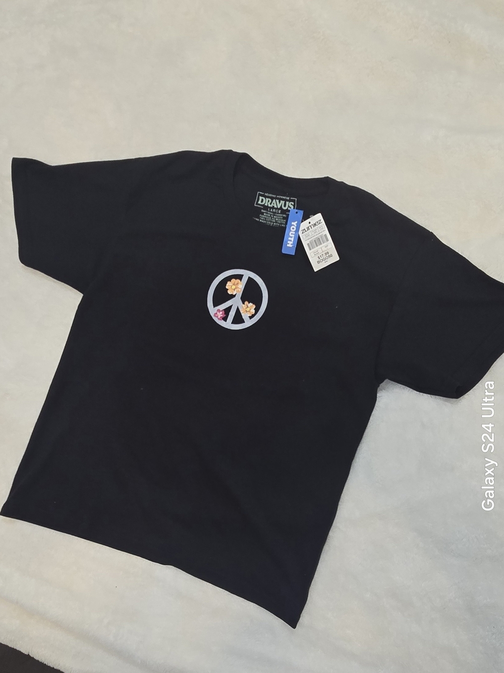 Dravus Youth Large Black T-Shirt NWT Peace Sign Cactus Floral "Grow And Bloom"